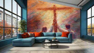 People holding cross, christian concept, modern painting, generative ai Wall mural