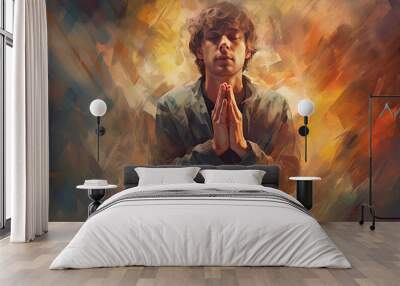 Young man praying to God with hands held together, generative ai Wall mural