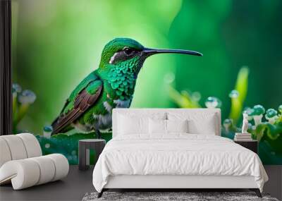 photorealistic image shot of adorable green hummingbird in a forest, Generative AI Wall mural