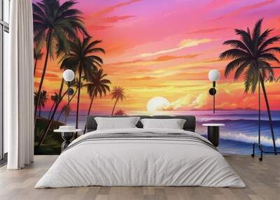 Surfers Paradise, Capture the essence of a tropical surfers paradise with a sunset backdrop, featuring rolling waves, surfboards, and palm trees against a backdrop of fiery orange and pink skies Wall mural