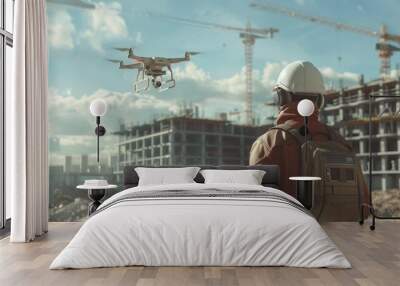 A construction worker in a white helmet and backpack looks at a drone flying over a construction site. The sky is blue with clouds and the building is being constructed using large cranes. Wall mural