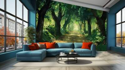 A forest path with tall trees on both sides forming an arch. The path is surrounded by green grass and sunlight filters through the foliage, creating a feeling of depth and tranquility. Wall mural