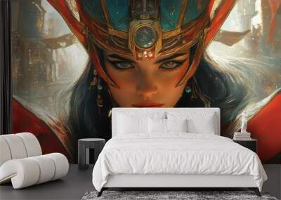 A girl in armor with a helmet looks at the camera. Wall mural