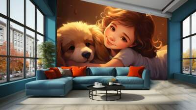 A girl with brown hair lying on her stomach next to a brown and white dog on a bed. They both look at the viewer and smile. The room has a warm, cozy atmosphere with a yellow tint. Wall mural