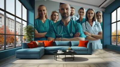 A group of doctors and nurses stand together with their arms crossed in a hospital hallway and look into the camera. Wall mural