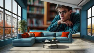 A male teacher with glasses sits in the library, leaning on his hand and looking at a book. He is surrounded by many other books, some of which are stacked on the table in front of him. Wall mural