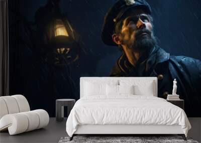 A man in a captain's cap and uniform stands in the rain, with a lantern on the left. He looks up at the sky and the scene is dark. Wall mural