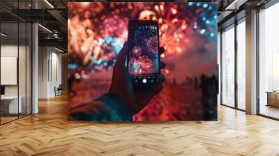 A person holds a smartphone to capture a photo of colorful fireworks in the sky. Wall mural