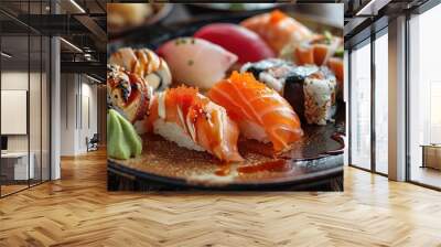 A plate of assorted sushi rolls with salmon, avocado, and other ingredients. Wall mural