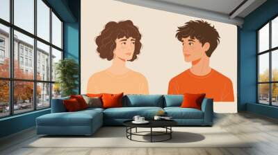 A romantic couple stands together against a plain background exchanging loving glances on Valentine's Day. Wall mural