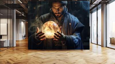 A sorcerer in a dark cloak holds a magic ball in his hands, looks into it around the haze Wall mural