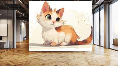 A tan and white kitten with green eyes and a pink nose sits on the ground. It has large ears and a fluffy tail. The background is simple and fade, with small brown spots. Wall mural