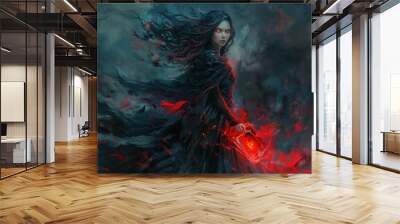 A woman with black hair and red eyes holds a book in a dark and fiery scene. Wall mural