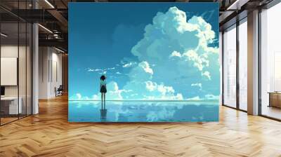 A young girl standing on the beach and looking at the ocean. The sky is filled with large fluffy clouds, and the water seems calm and mirror-like. Wall mural