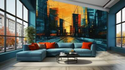 An abstract cityscape with a yellow and blue color scheme, featuring train tracks and tall buildings. Wall mural