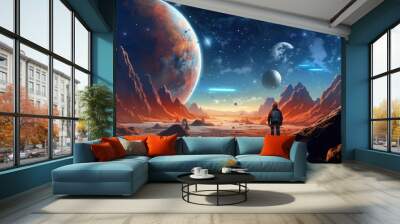 An astronaut stands on a rocky outcrop and looks out over a vast, beautiful alien landscape. The sky is strewn with stars, and in the background are three planets. Wall mural