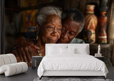 An elderly African American couple embrace each other in a room with an authentic interior, the walls of which are decorated with traditional African art. Wall mural