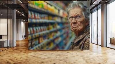 An elderly angry woman with glasses stands in front of a grocery store aisle filled with food. Wall mural