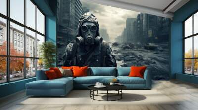 Apocalypse survivor in gas mask and protective suit against a city in ruins, a haunting scene of post-catastrophe desolation. Wall mural