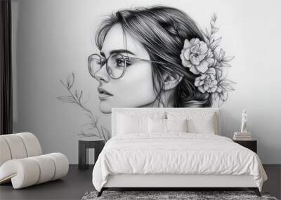 Black and white pencil drawing of stylish woman with glasses, her hair is decorated with flowers, highlighting her natural beauty. Wall mural