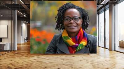 Bright LGBTQ flowers surround a happy African American woman in a wheelchair. Wall mural