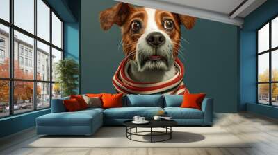 Cartoon dog with funny surprised face wearing stylish shirt on green background. Wall mural