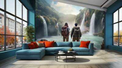 Dynamic duo: two adventurers with backpacks, a mountain waterfall, and lush greenery. Wall mural