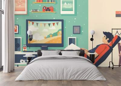 Flat design of man leaning back in chair playing video game on tv screen with posters hanging on wall. Wall mural