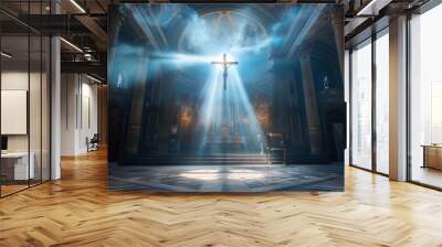 Inside a dimly lit medieval church, a cross is illuminated by a bright celestial shaft of light, creating an intricate play of shadows that evoke spirituality and divine grace. Wall mural