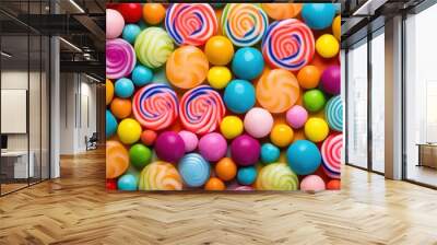 Sweet symphony of colors: multicolored round candies, a top view inviting indulgence. Wall mural