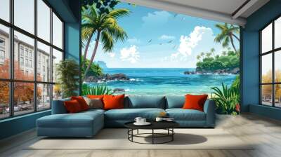 The beach is filled with palm trees and other tropical plants, and the sand is light brown. The ocean is a beautiful blue color with white waves crashing on the shore. Wall mural