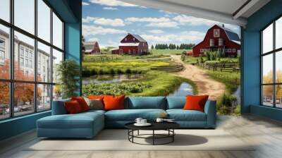 The bright red barn stands out against the serene pastoral landscape with mountains in the distance - rustic splendor. Wall mural