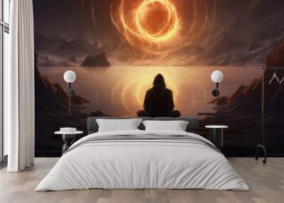 The figure sits cross-legged in front of a body of water, facing a circular light. The light is orange, with an orange spiral coming out of it. The sky is dark and the water has a red reflection. Wall mural