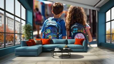 Two children with backpacks of different colors walking down the street. Wall mural