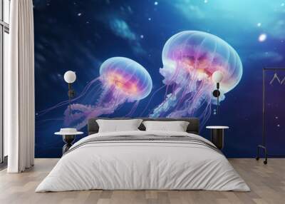 Two jellyfish swimming in an ocean-like background. The jellyfish have long, flowing tentacles and are illuminated by a pink light from above. Wall mural