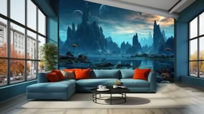 Unearthly Night Vision: An alien world with rocks, water and peculiar vegetation under the glow of a distant satellite. Wall mural