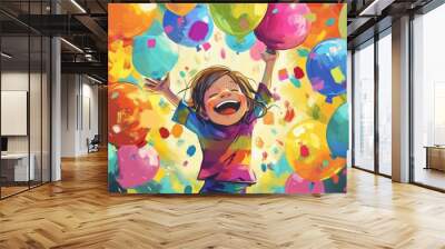 Watercolor of a happy little girl with her arms raised, surrounded by colorful balloons and confetti. Wall mural