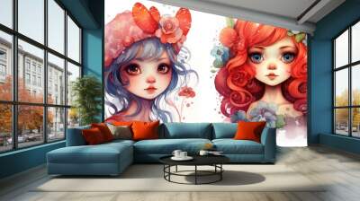 Watercolor with graceful brush strokes depicts two red-haired girls with flowers in their hair close-up on a white background. Wall mural