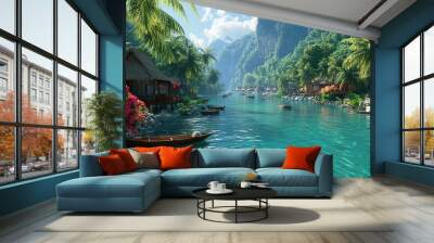 Beautiful mountain lakes with crystal-clear waters travel scenery picture Wall mural