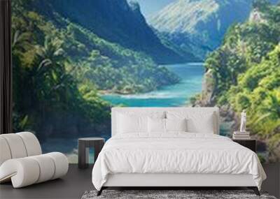 Breathtaking crystal lake surrounded by towering mountains picture Wall mural