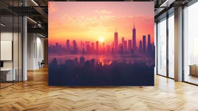 Colorful sunset skyline with silhouetted towers in city stunning wallpaper Wall mural