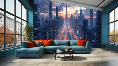 Dramatic city skyline with skyscrapers standing tall against vibrant sunset colors wallpaper Wall mural