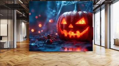 Haunted Halloween background carved pumpkins flying bats under moon wallpaper Wall mural