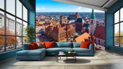 Aerial panoramic view of historical buildings and roofs in Polish medieval town Torun Wall mural