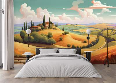 Illustration with a beautiful view of the hills of Tuscany, Italy Wall mural