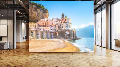 Morning view of Amalfi cityscape on coast line of mediterranean sea, Italy Wall mural