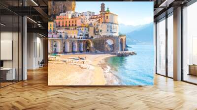 Morning view of Amalfi cityscape on coast line of mediterranean sea, Italy Wall mural