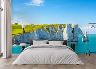 Picturesque panoramic landscape on the cliffs of Etretat. Natural amazing cliffs. Etretat, Normandy, France, La Manche or English Channel. Coast of the Pays de Caux area in sunny summer day. France Wall mural