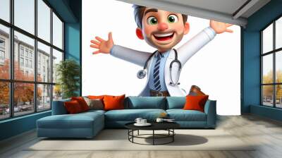 energetic 3d doctor character jumps with joy, cartoon design, vivid colors, exaggerated characterist Wall mural