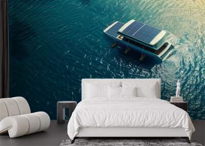 A boat gracefully floats atop a body of water, reflecting the calmness of the surroundings. Wall mural